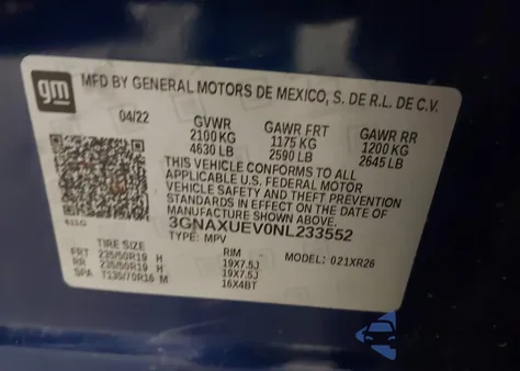 2022 Chevrolet Equinox Awd Lt z USA, uszkodzony, nr VIN 3GNAXUEV0NL233552